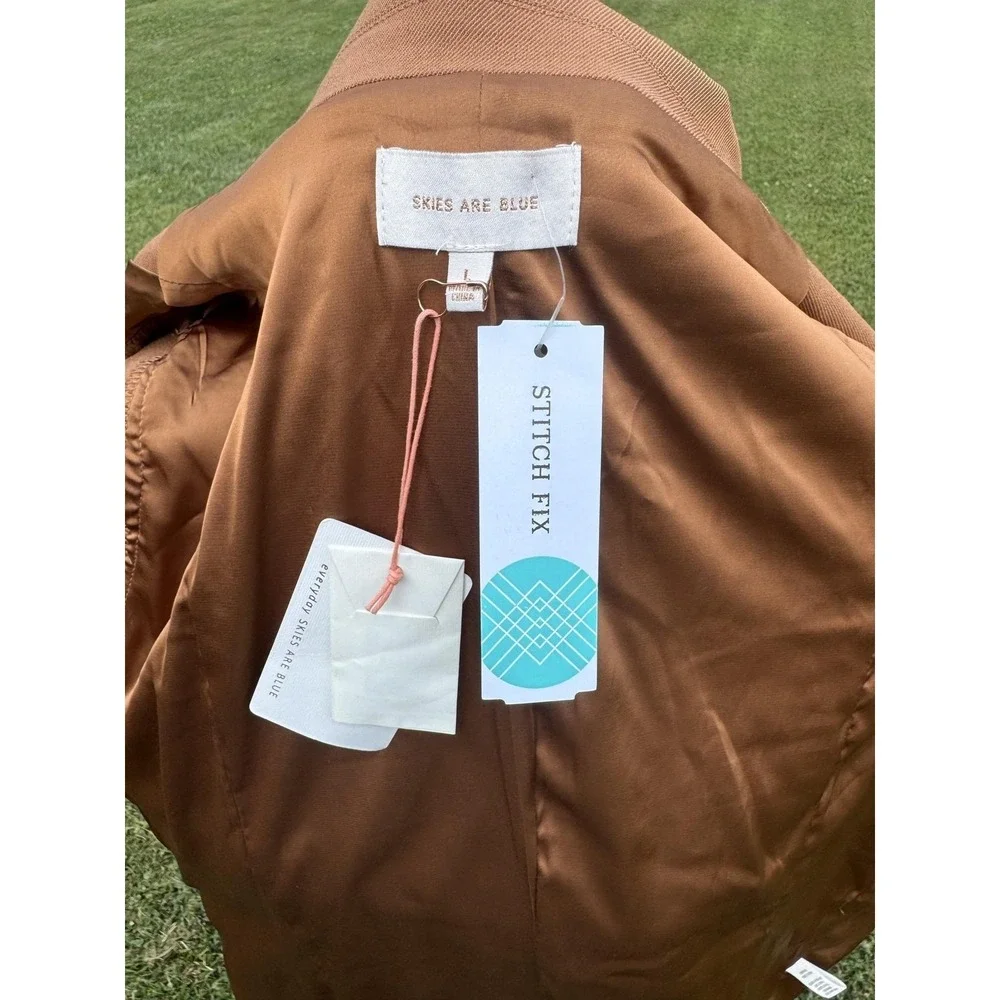 Skies Are Blue Blazer Womens L Brown Boyfriend Oversized Open Front Lined Jacket
